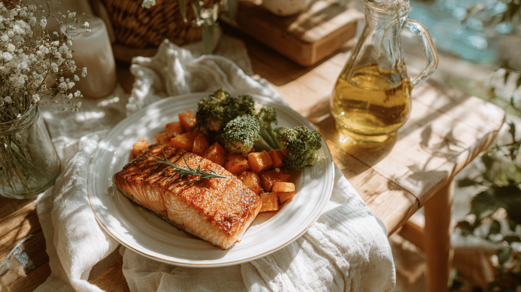 Grilled salmon with broccoli and sweet potatoes on a plate, accompanied by a jug of olive oil on a rustic table.