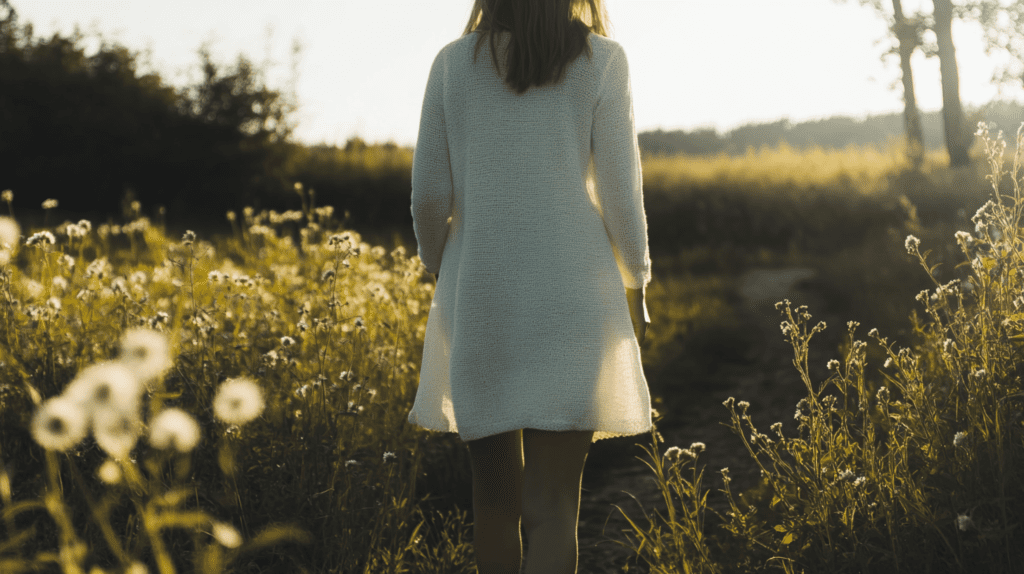 a woman walks on a path through a wildflower meadow