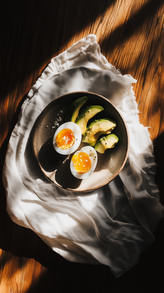 high-protein-snack-eggs-avocado a plate of hard boiled egg and sliced avocado in the morning sunlight