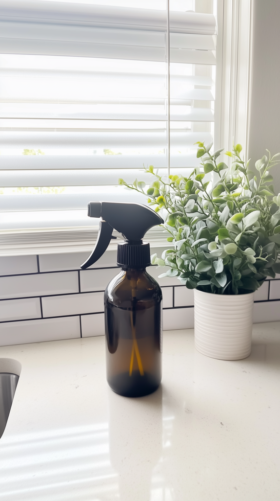 an amber spray bottle on a kitchen counter