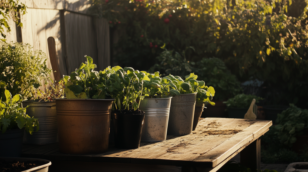a container vegetable garden of metal pots sitting on a wood picnic table in a backyard