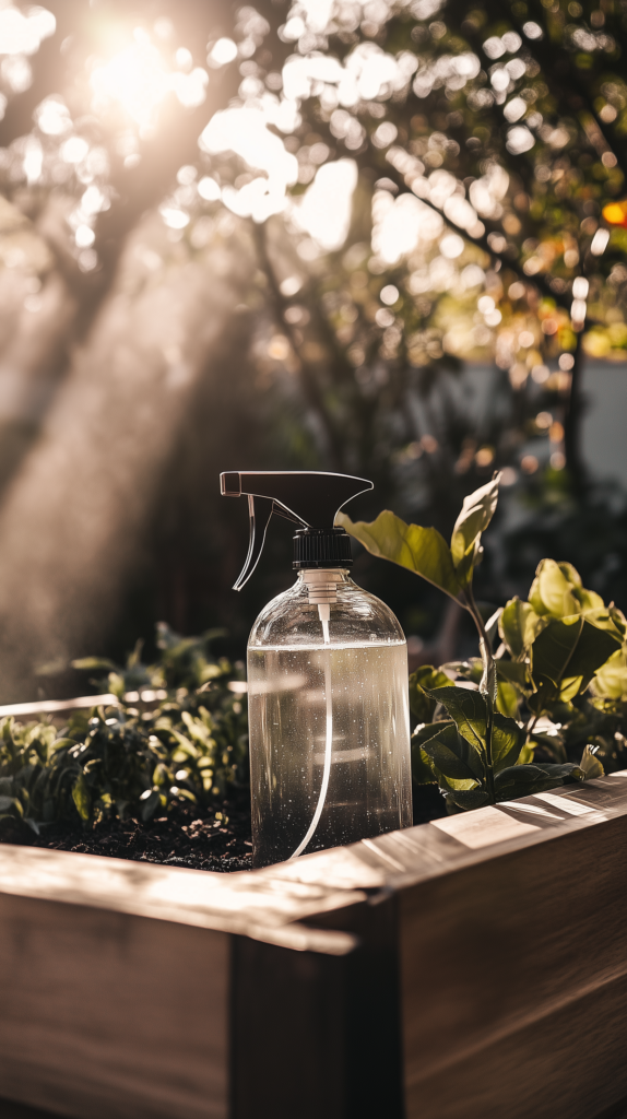 backyard-natural-pest-control a spray water in a backyard raised garden bed