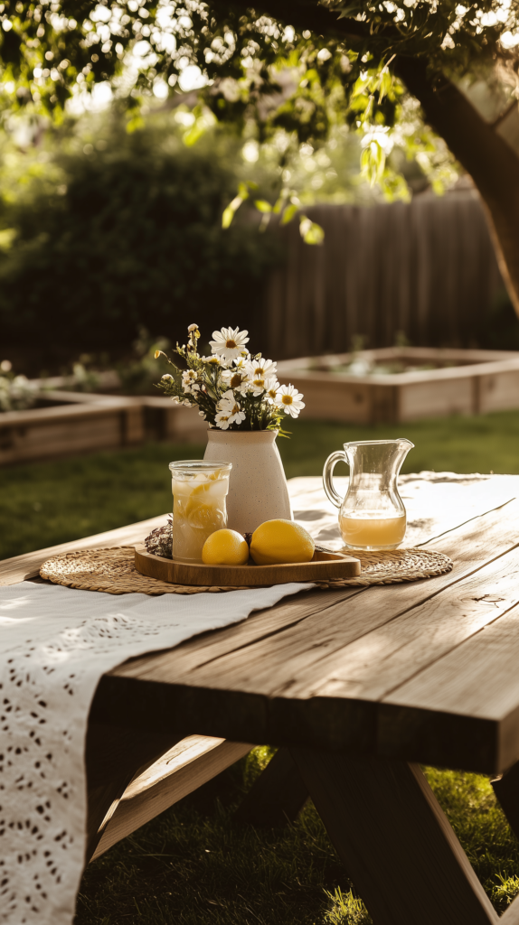 backyard-projects-woodworking a picnic table in a backyard homestead with a vase of flowers and pitcher of lemonade
