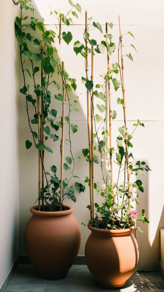 balcony-garden-bamboo-trellis Balcony Garden DIY Climbing Trellis