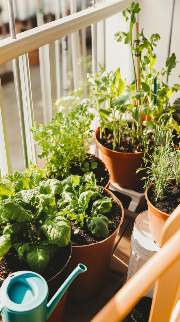 balcony-vegetable-garden-potted-plants apartment balcony with container garden pots of vegetables and herbs