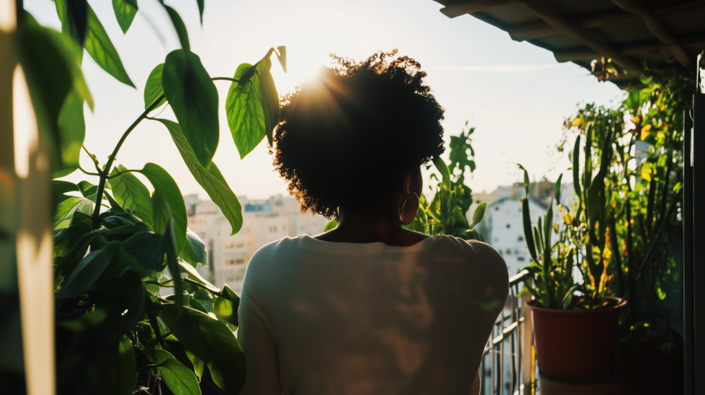 a woman standing on her balcony in the morning getting sunlight in her eyes