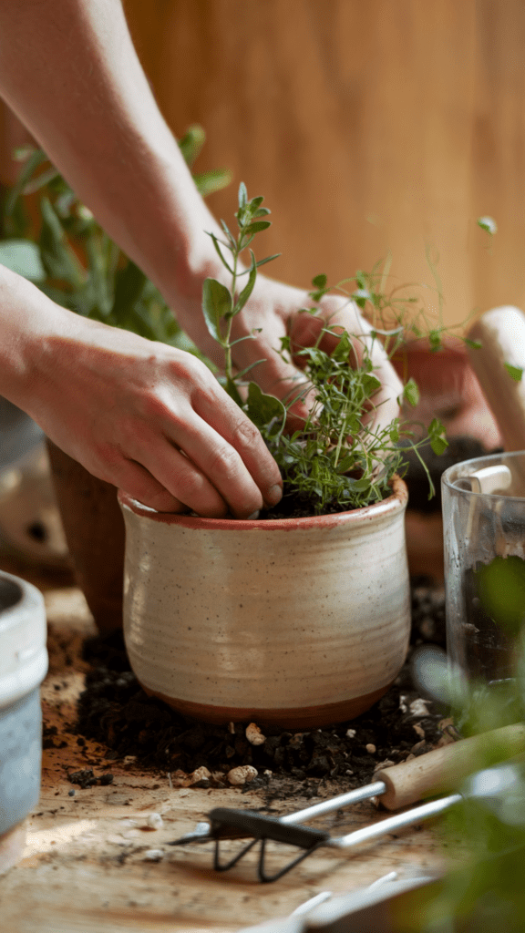 hands plant a ceramic pot with herbs