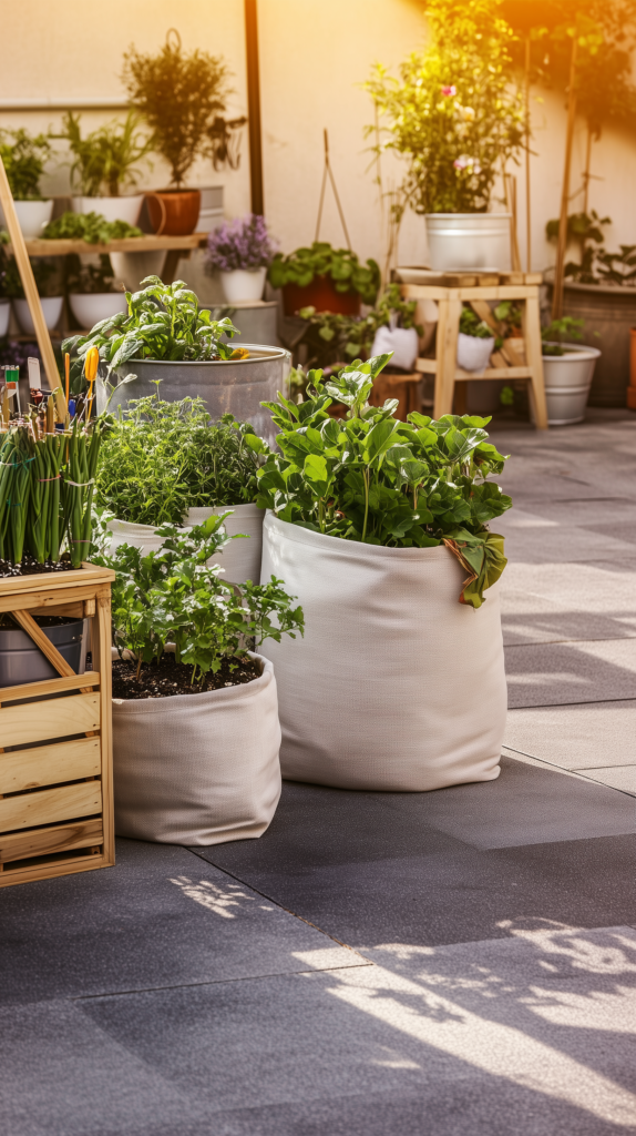 container-garden-fabric-planters various container garden pots including fabric, terra cotta and plastic