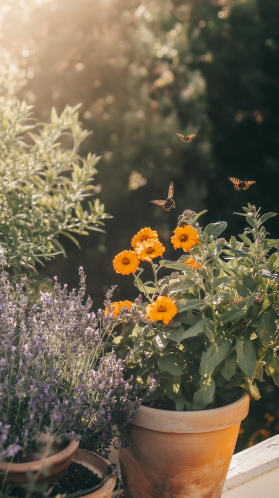 container-garden-pollinator-plants pots of pollinator flowers and butterflies