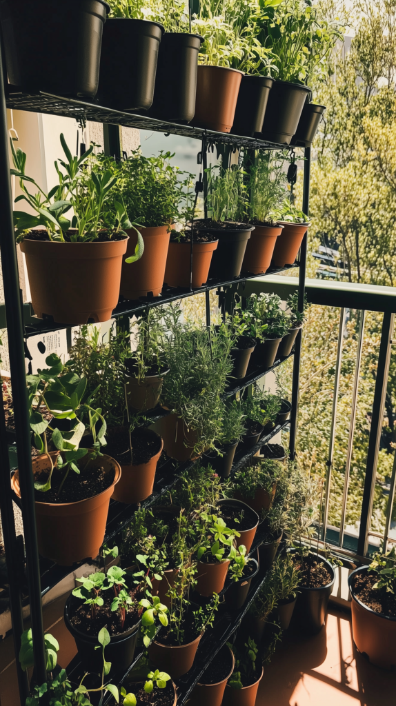 container-garden-vertical-pots vertical garden of container pots filled with vegetable and herb plants