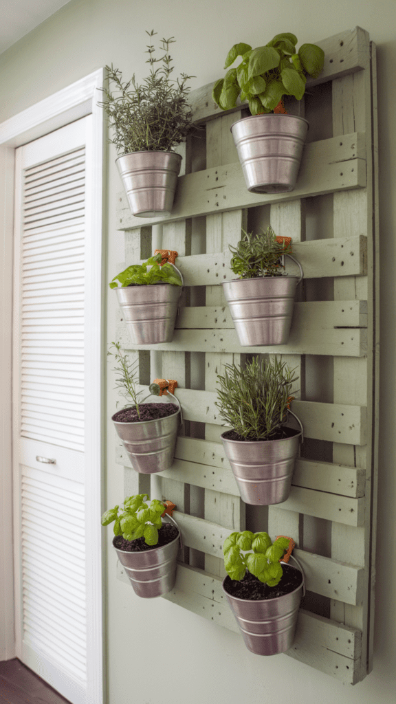 herb-garden-upcycled-wood-pallet a vertical herb garden made out of reclaimed wood pallet and metal planters