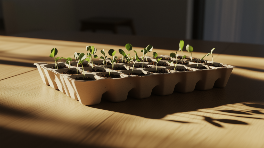 a diy seed starting egg carton container on a rustic kitchen counter