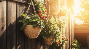 hanging baskets from a fence