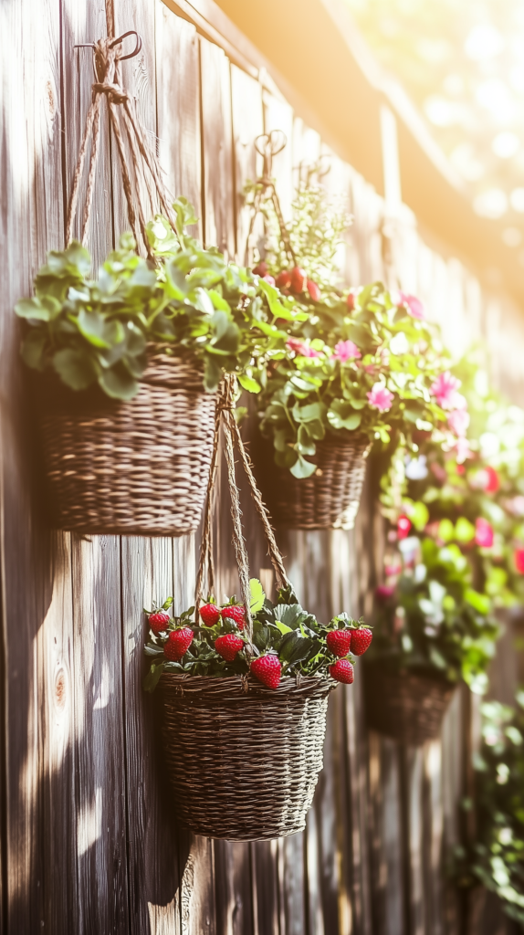 vertical-garden-baskets hanging baskets on a wooden fence
