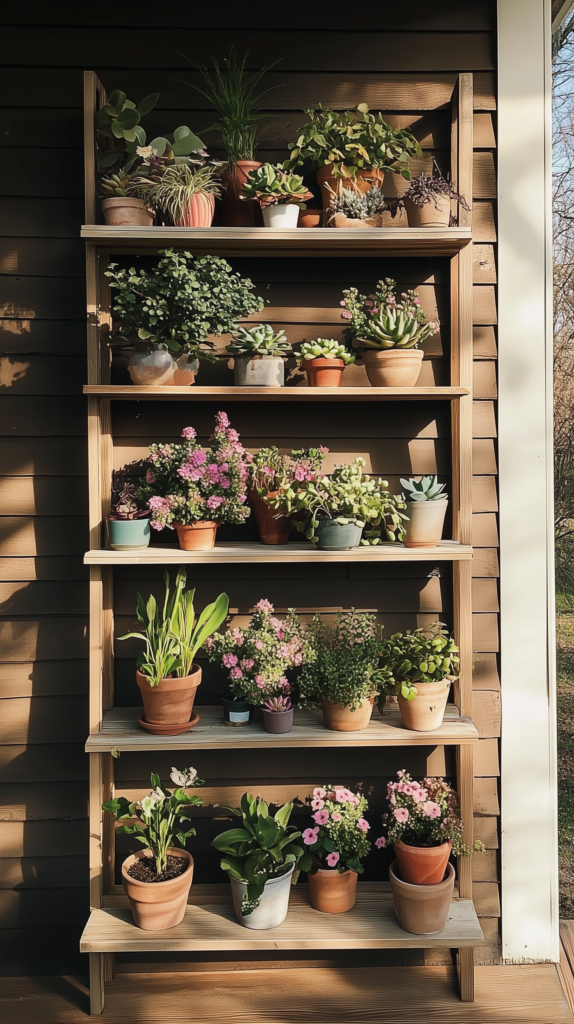 vertical-garden-bookshelf a bookshelf planter in a backyard garden