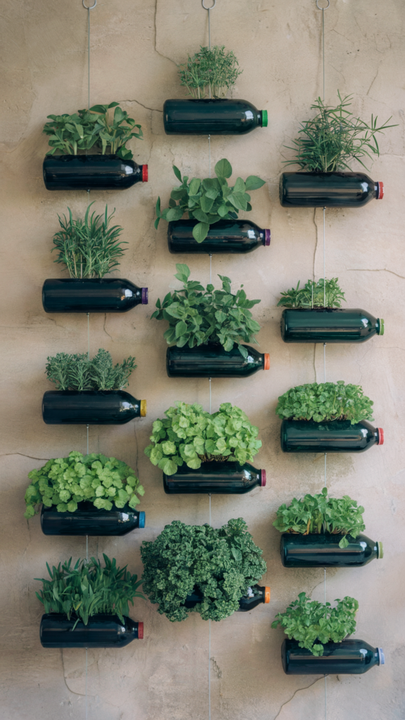 vertical-garden-bottles a recycled plastic bottle hanging garden