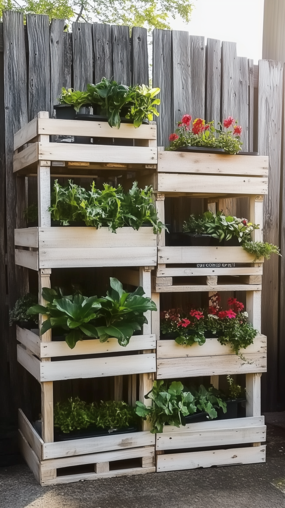 vertical-garden-crates a vertical garden made from recycled wood crates