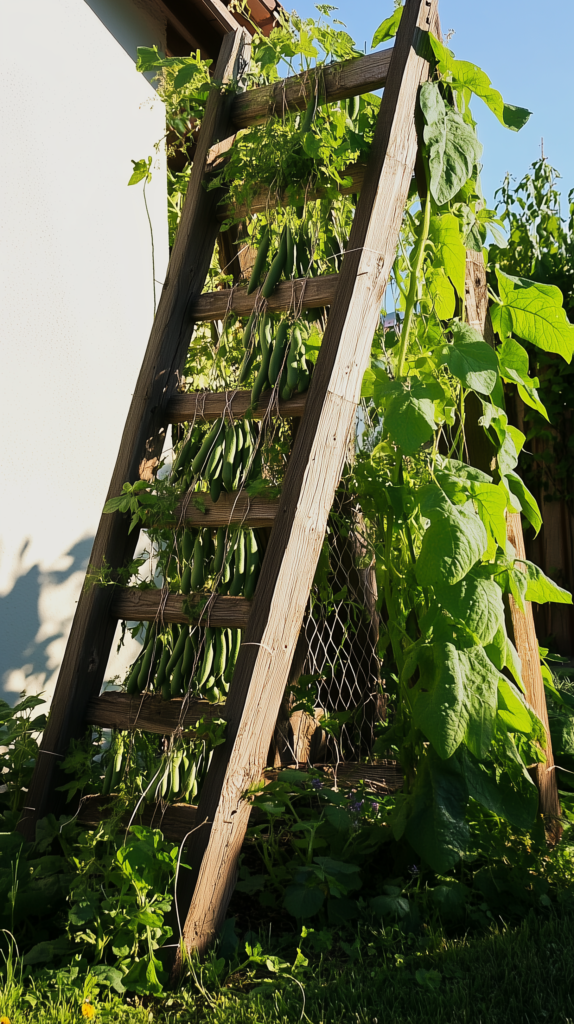 vertical-garden-latter-aframe a wooden ladder turned into an a frame planter