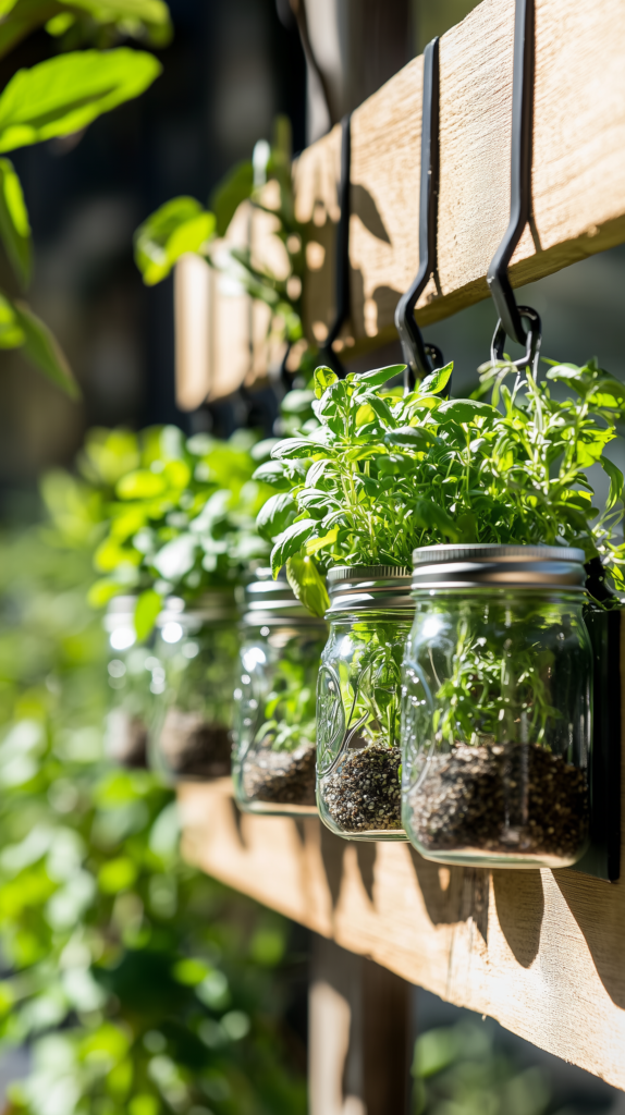 vertical-garden-mason-jars hanging mason jar herb garden