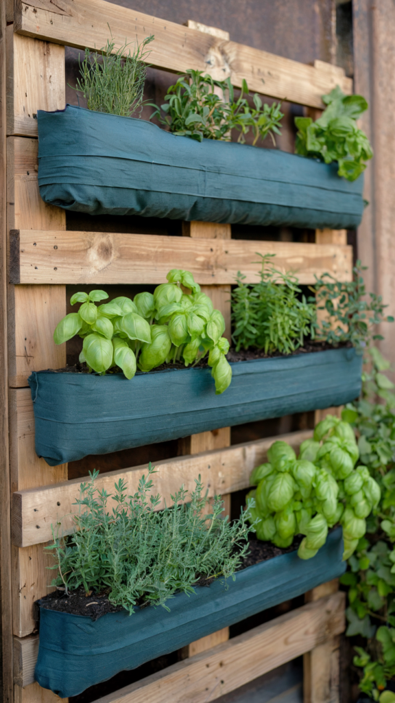 a vertical garden made from upcycled wooden palette and landscape fabric with herb plants