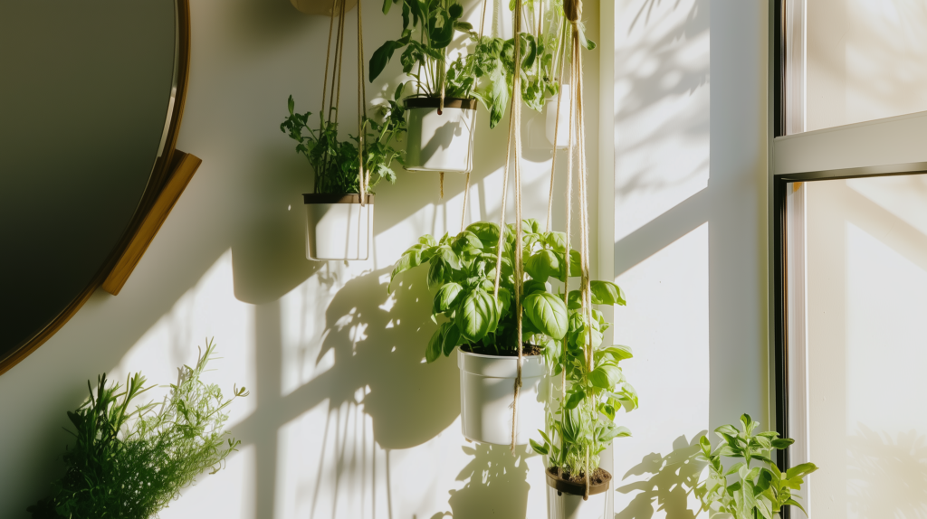 hanging herb planter pots in a sunny window