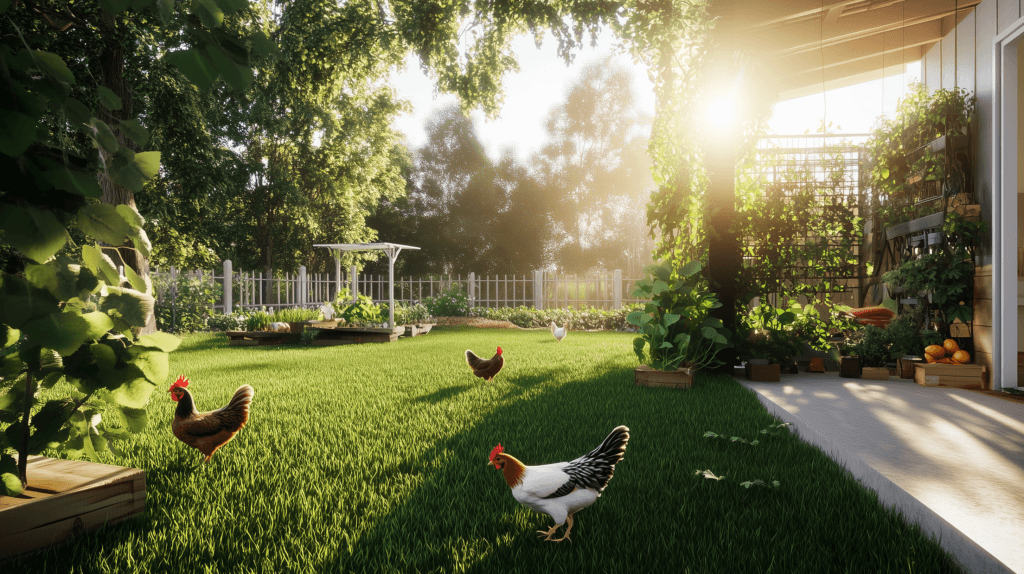 a backyard with chickens, vertical garden and raised garden beds in sunshine