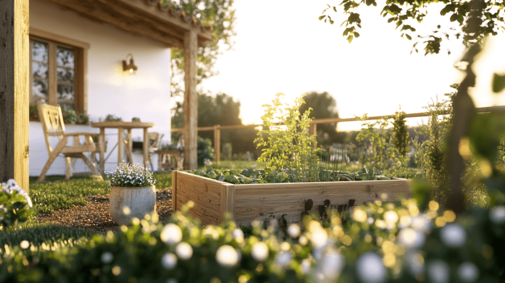 a backyard with raised garden bed in spring