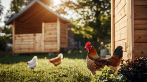 some chickens in a backyard homestead in the sunshine