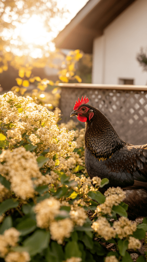 black australorp near a flower bush in a sunny backyard
