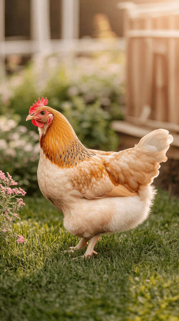 buff orpington in a sunny backyard