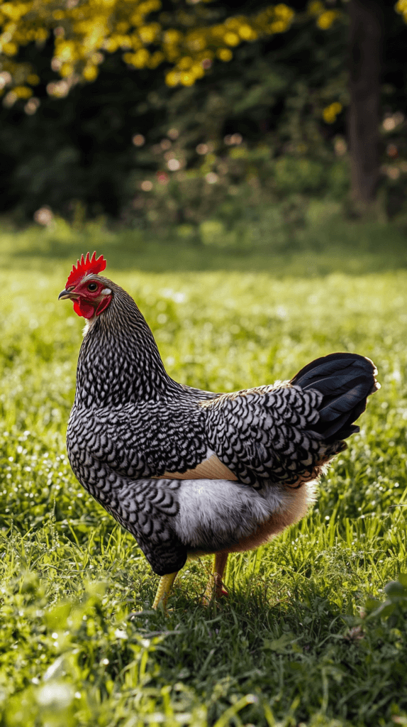 a plymouth rock hen in a backyard