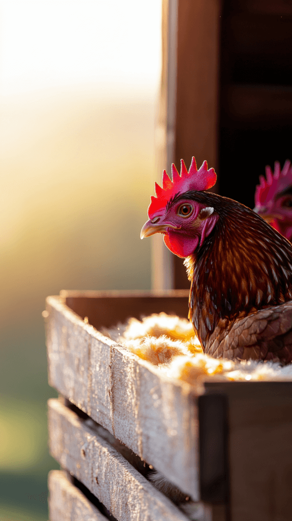 a rhode island red chicken sits in a cozy nest
