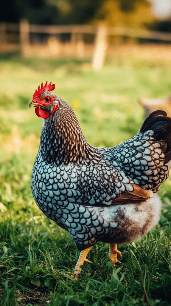 silver laced wyandotte chicken in a backyard