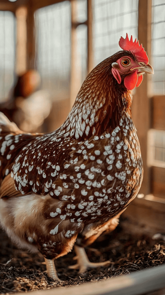 sussex speckled chicken hen in a coop