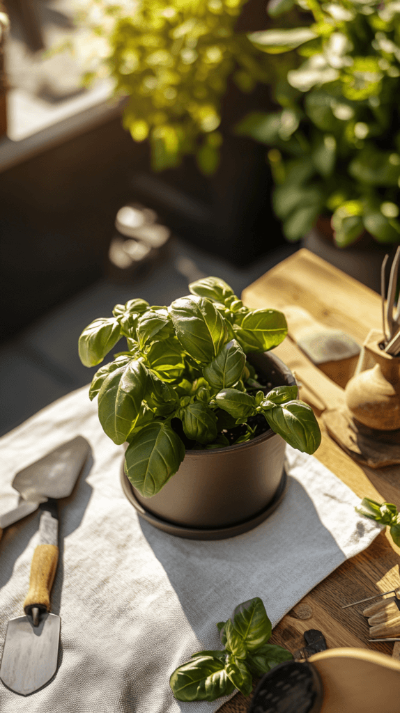 container-vegetables-basil a lush basil plant on a wooden table in a sunny room
