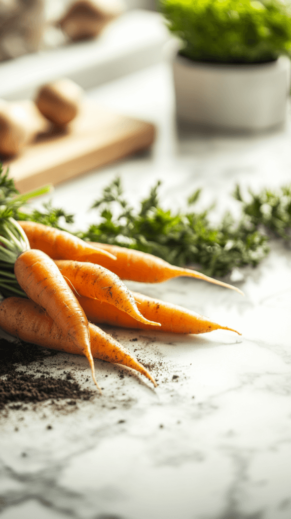 container-vegetables-carrots carrots freshly pulled on a marble kitchen counter
