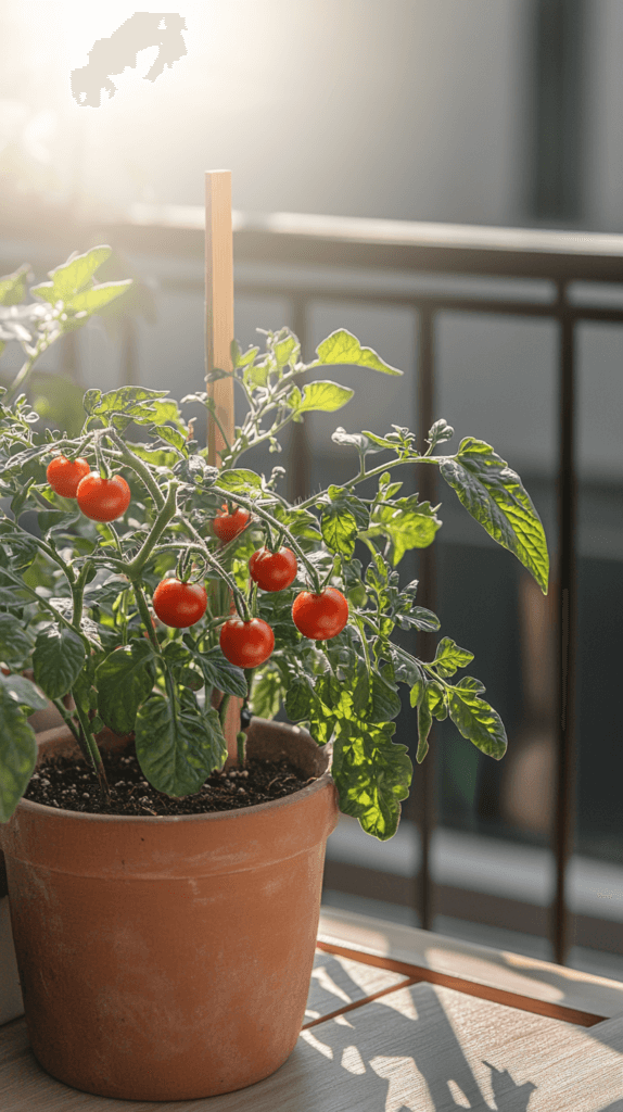 container-vegetables-cherry-tomatoes a cherry tomato plant on a sunny apartment balcony