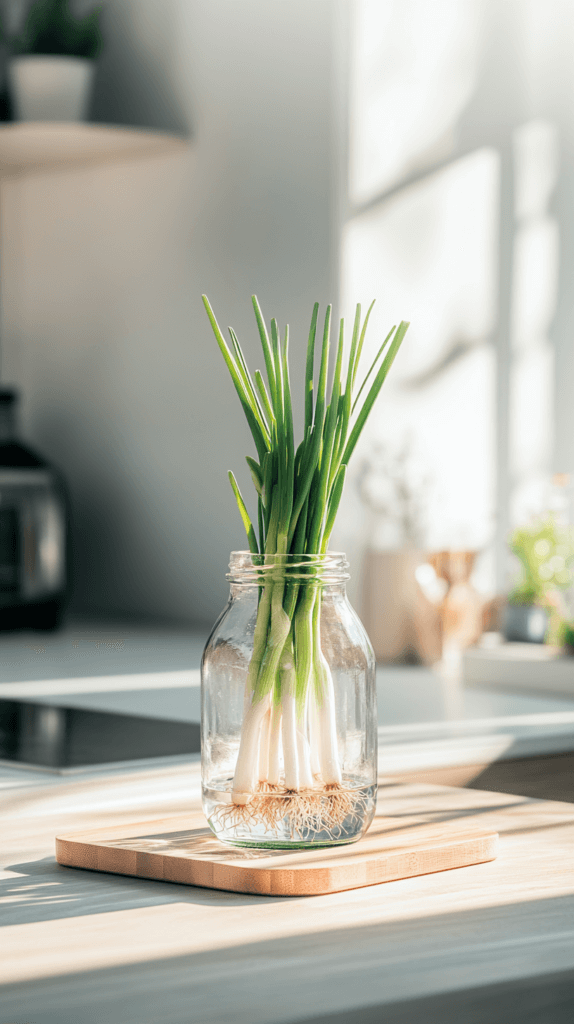 container-vegetables-green-onions a jar of regrown green onions in water on a sunny kitchen counter