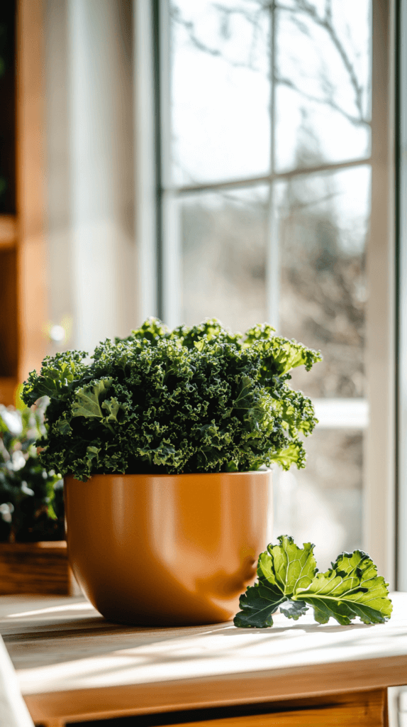 container-vegetables-kale a ceramic pot with a kale plant on a sunny kitchen counter next to a window