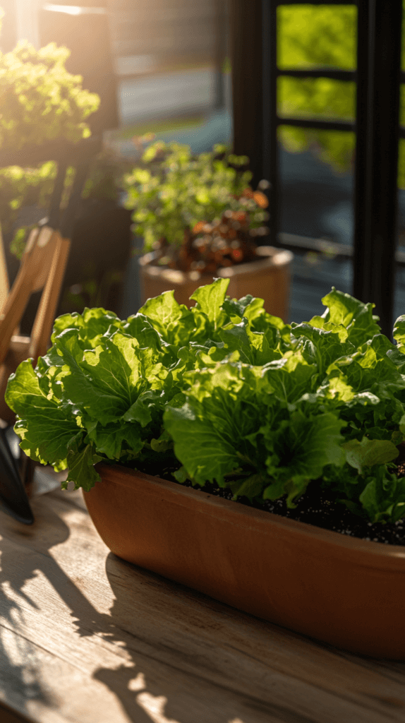 container-vegetables-lettuce lettuce plants in a terra cotta planter on an apartment balcony in the sunshine
