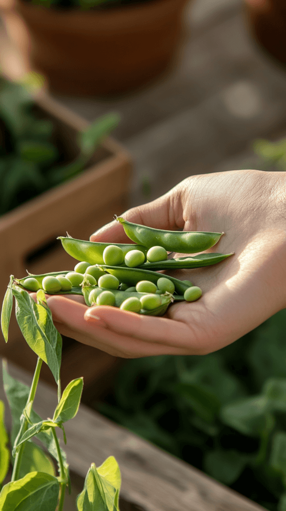 container-vegetables-peas a hand holds freshly picked peas that are split open in the sunshine