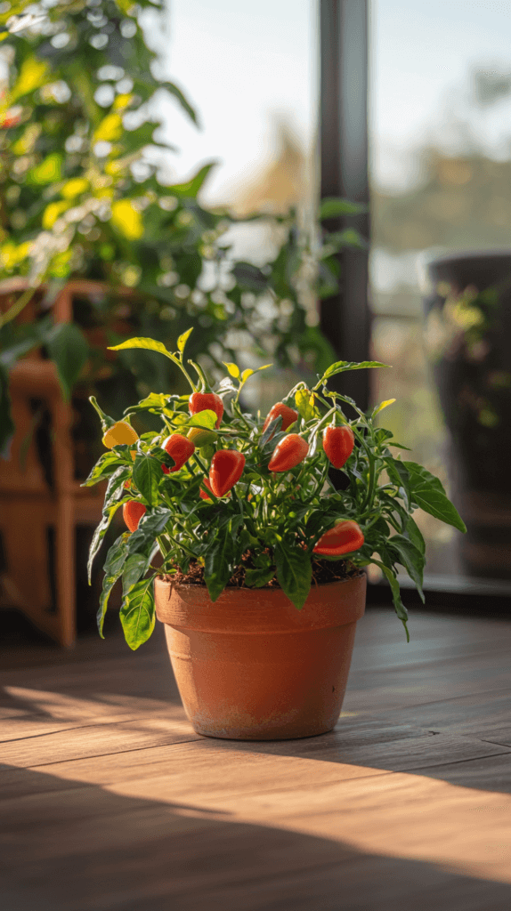 container-vegetables-peppers a small pepper plant in the sunshine on an apartment balcony