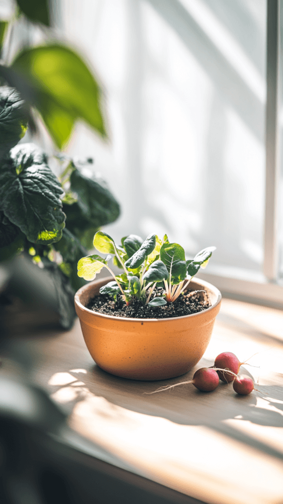 container-vegetables-radishes a radish plant in terra cotta pot on a wooden shelf with radishes sitting next to it