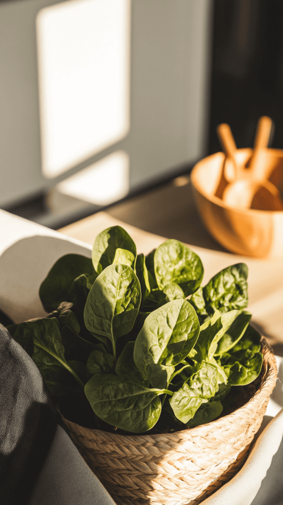 container-vegetables-spinach a woven basket planter pot with spinach in a sunlit kitchen
