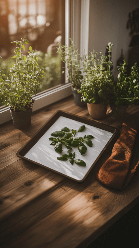 basil leaves on a cookie sheet tray next to a window in a kitchen