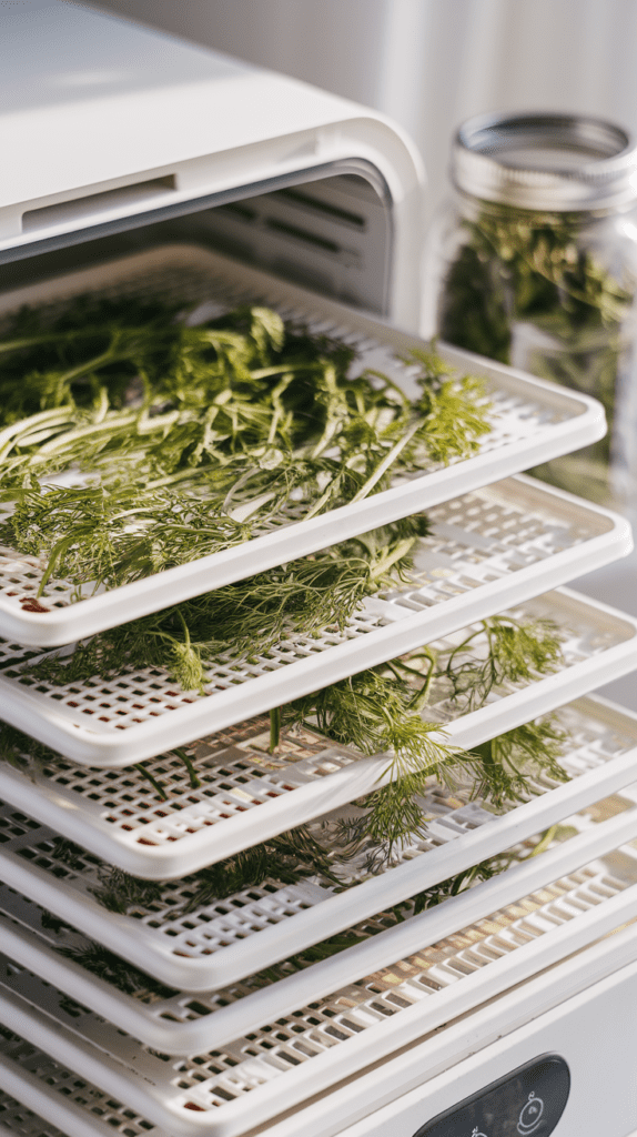drawers of a food dehydrator with dill