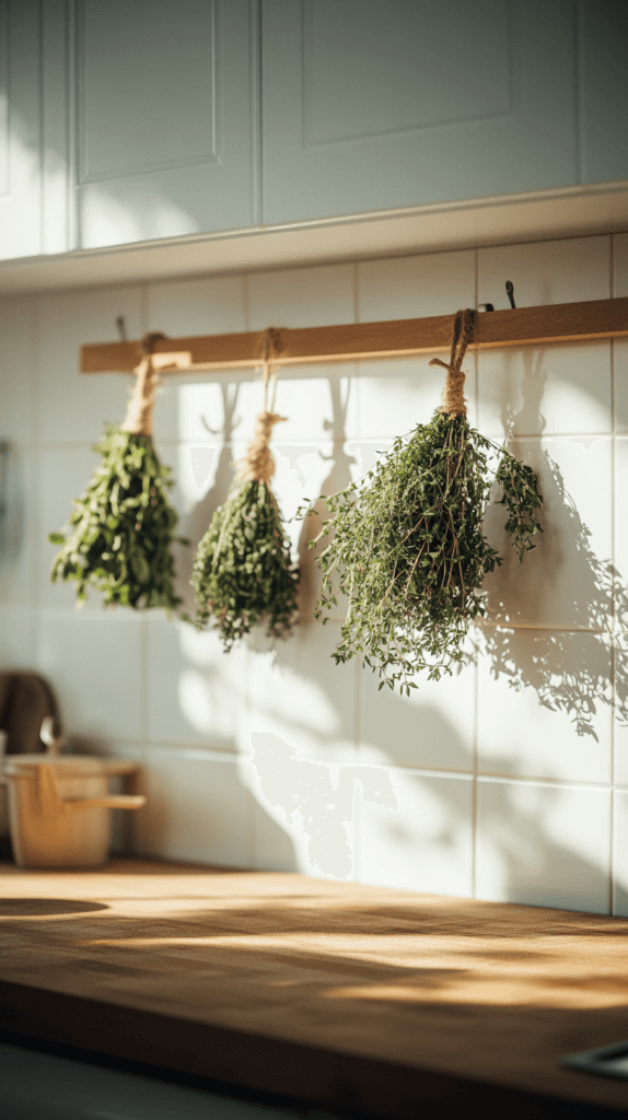 bundles of herbs air drying from a wooden beam in a modern rustic kitchen