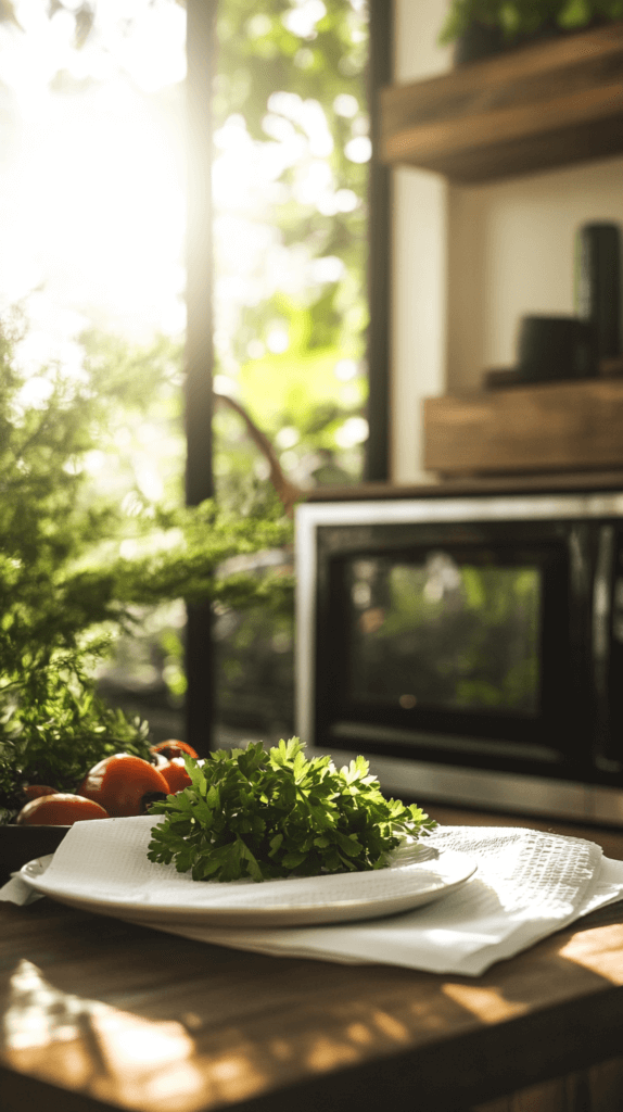 a plate with parsley and a paper towel with a microwave in the background