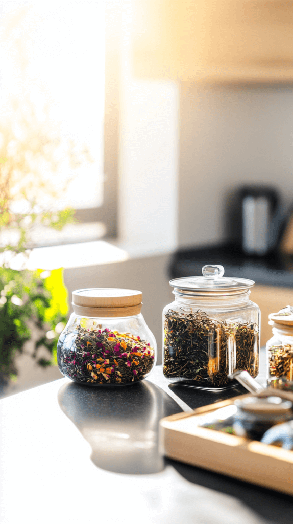 jars of dried herbal tea blends on a modern kitchen counter