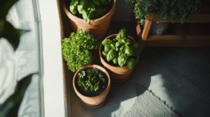 a grouping of terra cotta pots with basil and kale plants in a sunny corner of an apartment